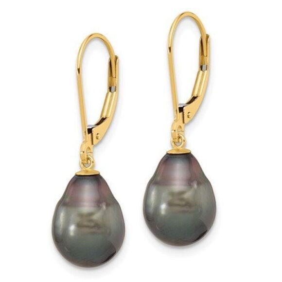 14K 8-9mm Teardrop Black Saltwater Tahitian Pearl Leverback Earrings - Picture 2 of 4